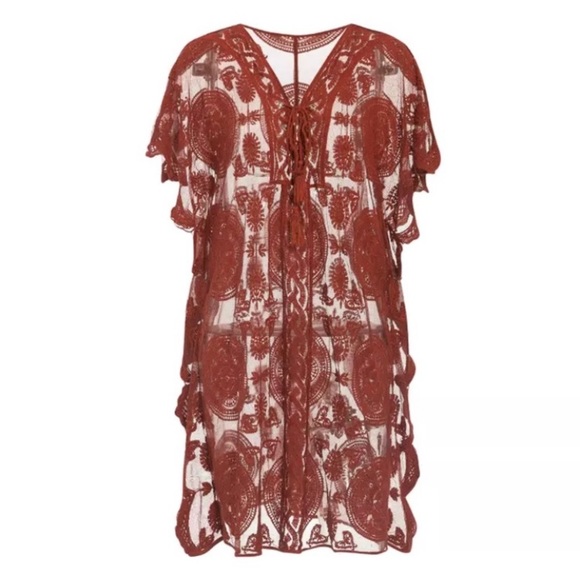 SOLD OUT Bohemian Rust Scalloped Lace Embroidered Cover Up - Picture 3 of 8